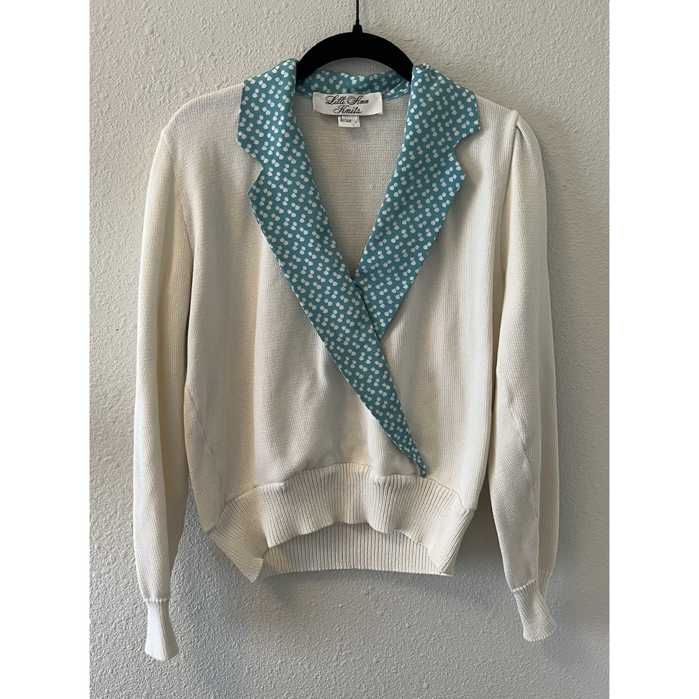 Vintage 80's Lilli Ann Knit Sweater Size 6 White Light Blue Collar Academia
